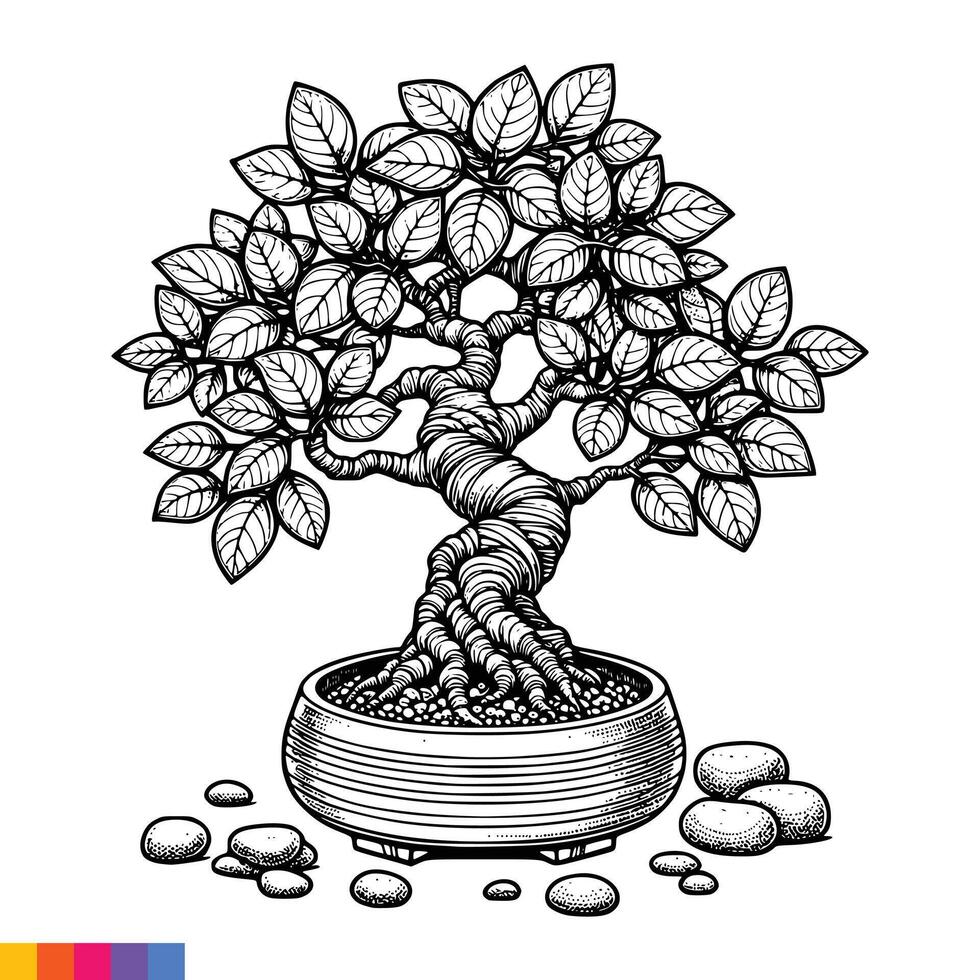 Bonsai tree in a pot with stones and leaves vector