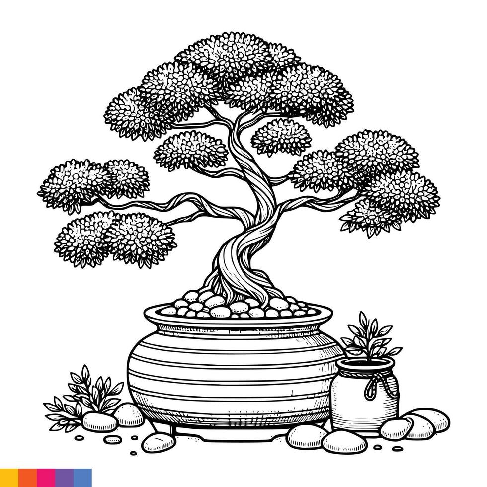 Bonsai tree in pot with rocks and plants vector