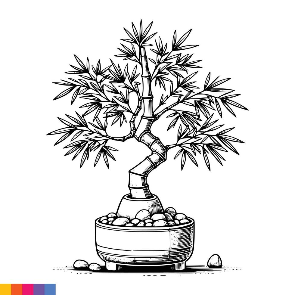 Bonsai tree in pot with rocks vector