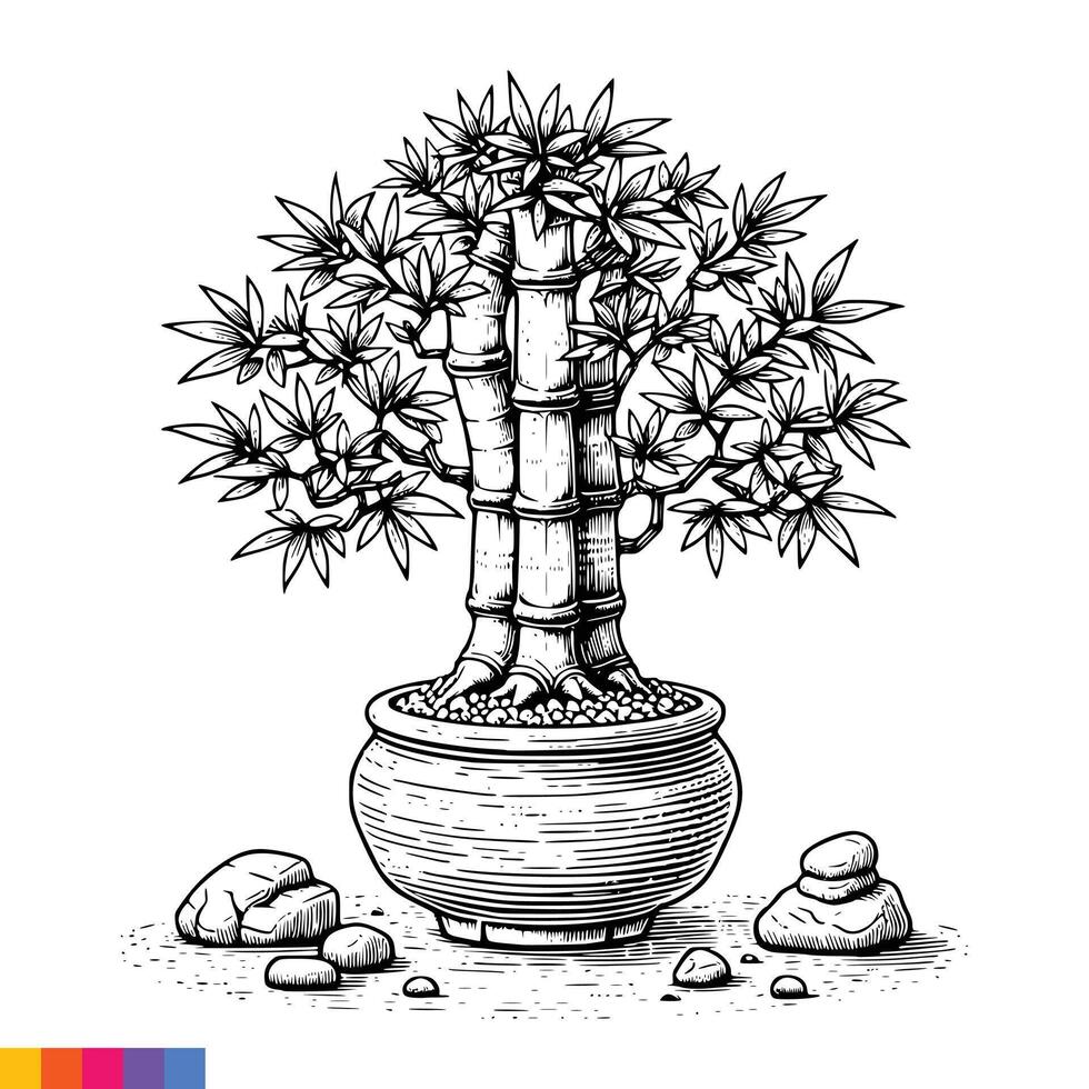 Bonsai tree in pot with rocks and stones illustration vector