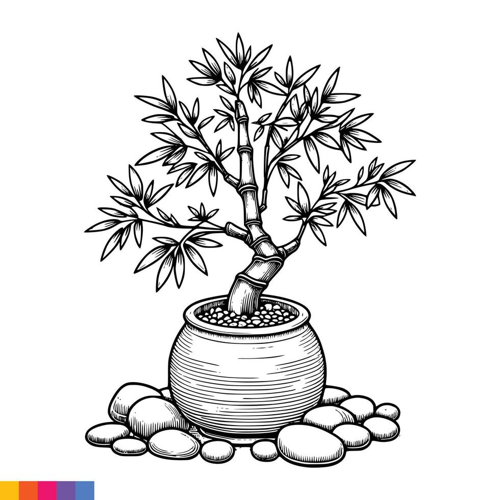 Bonsai tree in a pot coloring page vector
