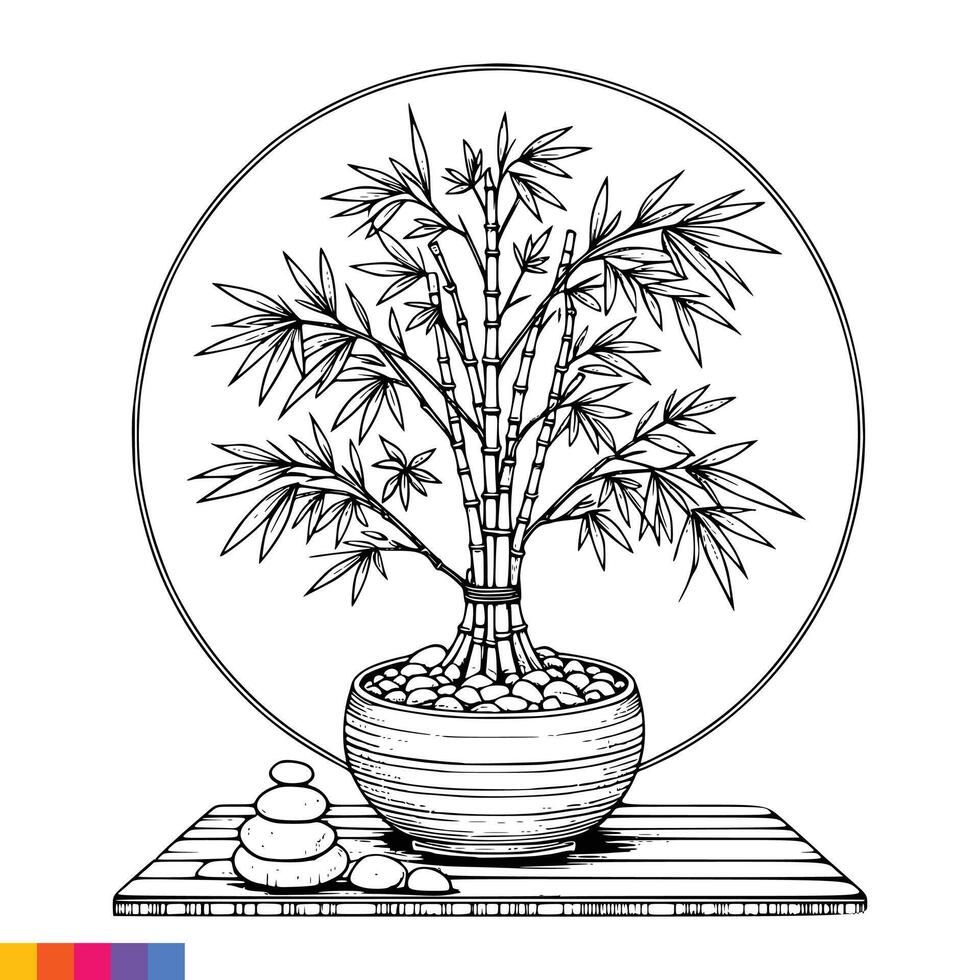 A bamboo plant in a pot with stones and a circle vector