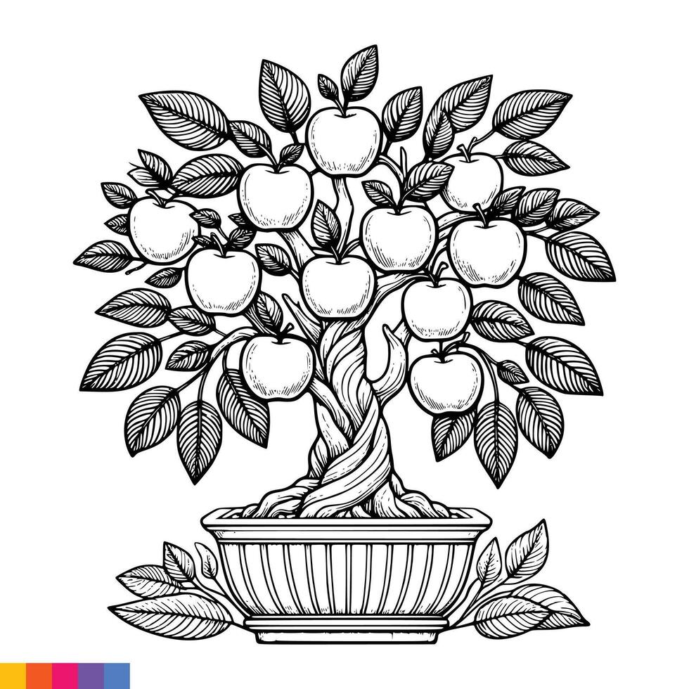 A coloring page with an apple tree in a pot vector