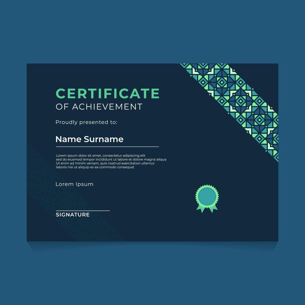 Islamic Oriental Geometric Certificate Design with Diagonal Ornament and Dark Theme vector