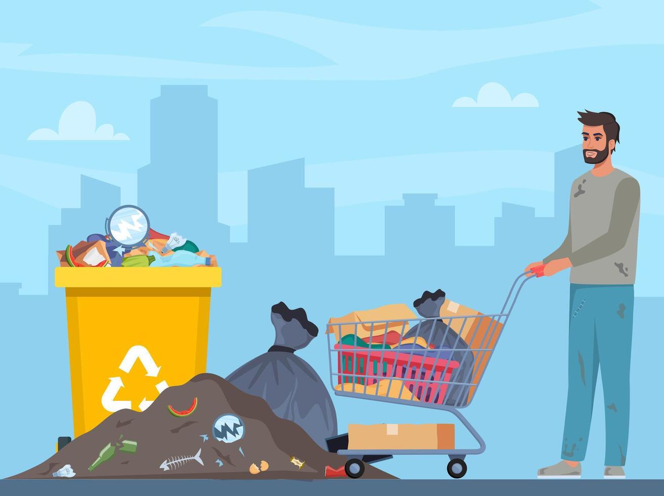 Homeless vagrant person looking for food and things in dirty trash can. Ragged vagabond. Homeless man with trolley cart full of belongings. Guy walking street begging for help. Beggar. . vector