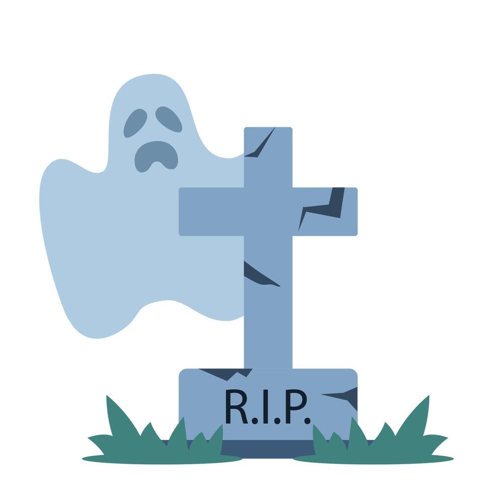Halloween grave and ghost. Old gravestone with cracks. tomb on white background. Granite plate with fissure. illustration. vector