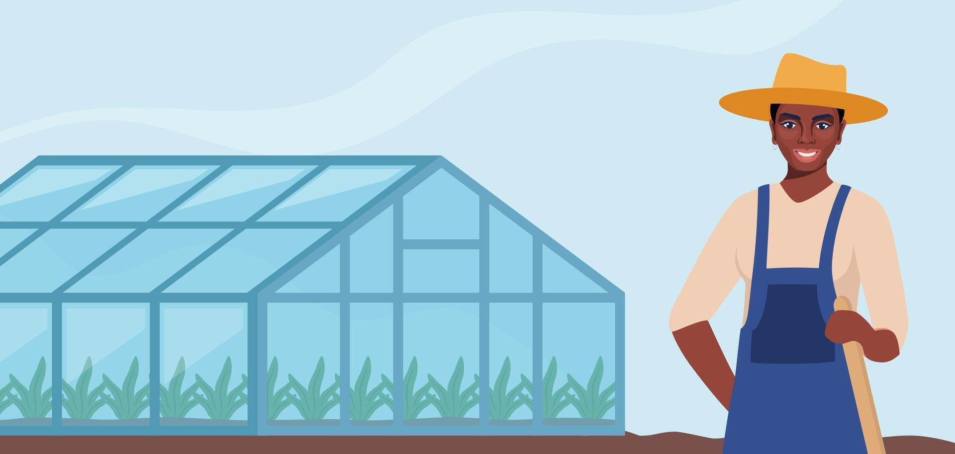 African American farmer and greenhouse. Farming plant cultivation. Design for agriculture, horticulture or agronomy. Template for banner, poster, flyer. illustration. vector