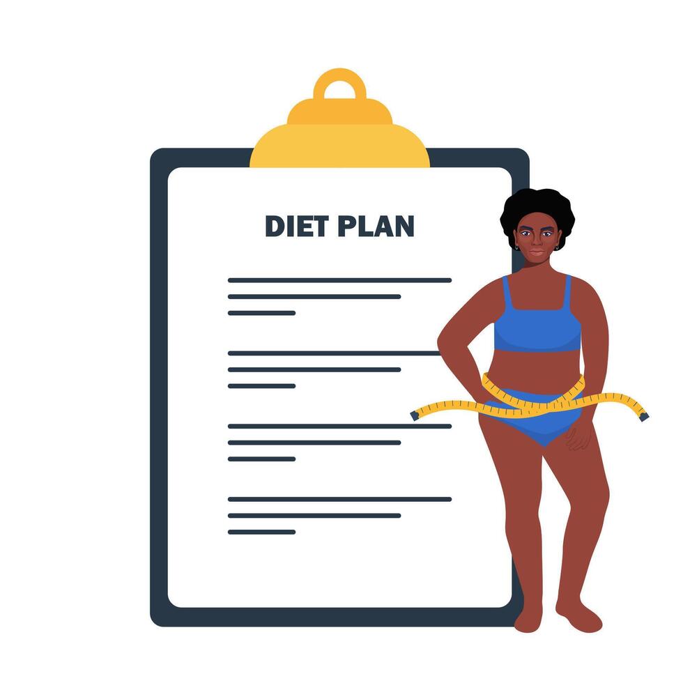 Plus size black woman in underwear standing in front of big diet plan checklist. illustration. vector