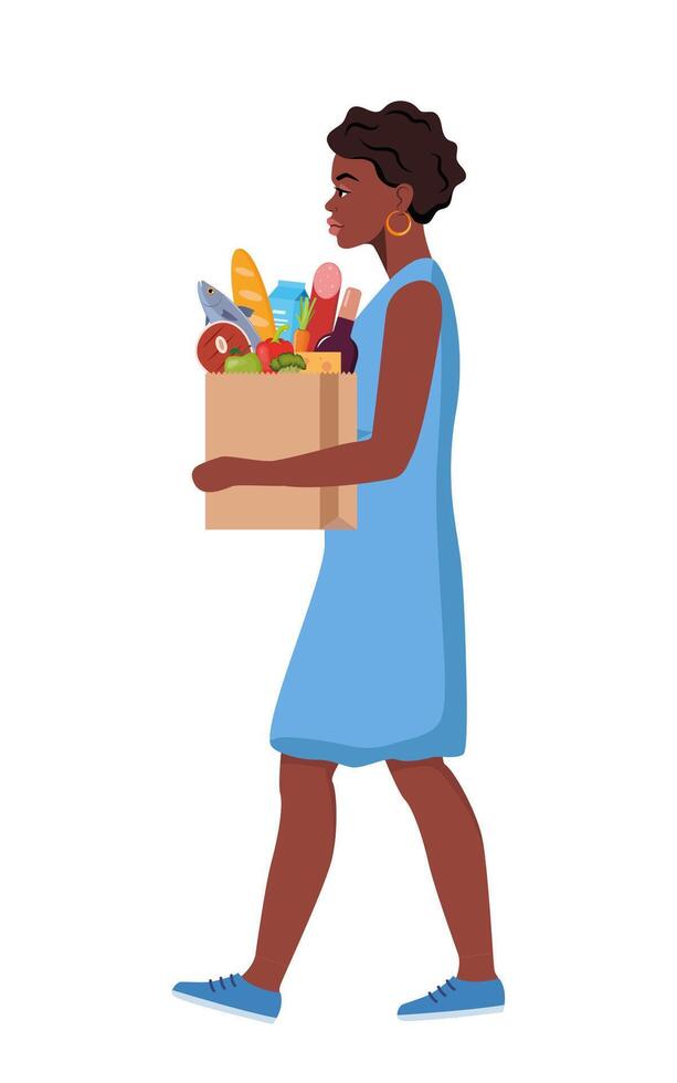 Black woman going with paper bag of groceries. A girl buying food, vegetables, bread. Grocery shopping. illustration. vector