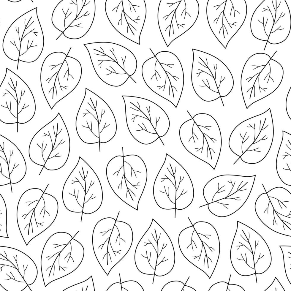 Linear simple leaves seamless pattern. Botanical fall foliage ornament. Autumn leaves contours. Golden season. Background, digital paper, wallpaper. Black and white line art. vector