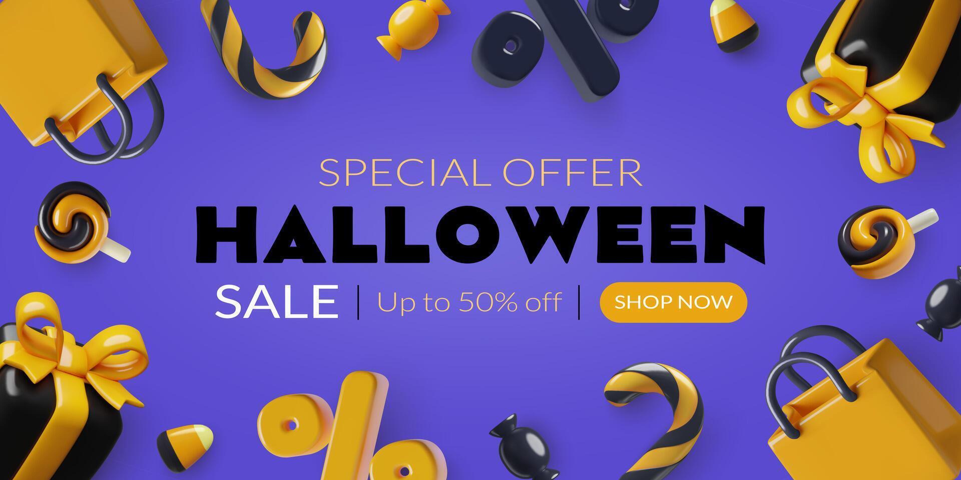 Sale Halloween background 3d design with shopping bags gift boxes candies and percent signs vector