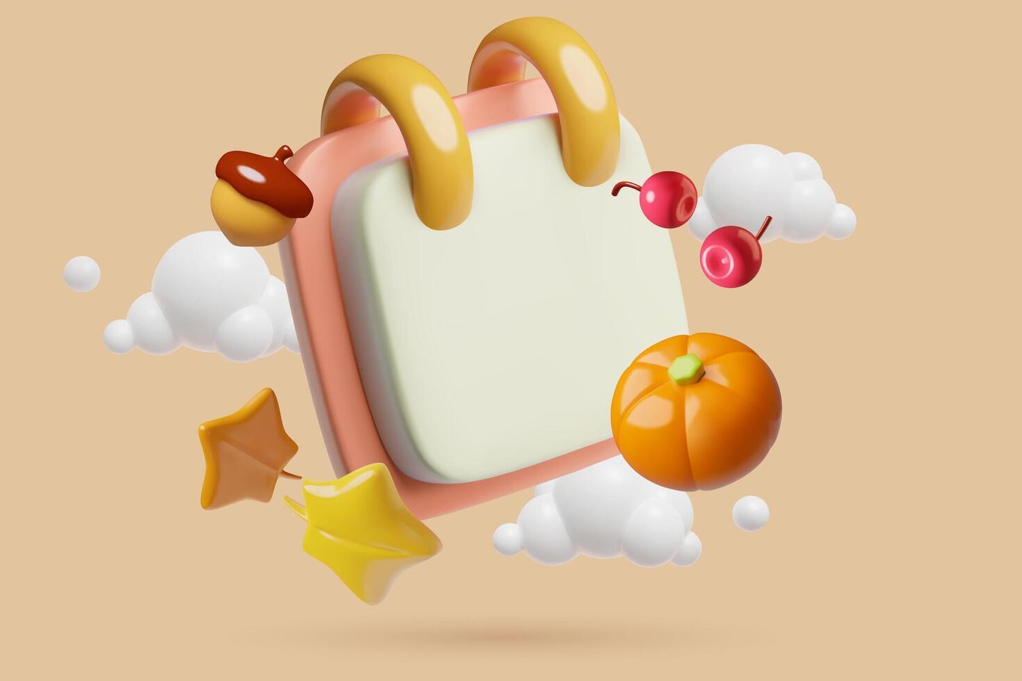 Autumn calendar 3d background with empty page fall leaves, pumpkin, acorn and berries in a cute plastic style. vector