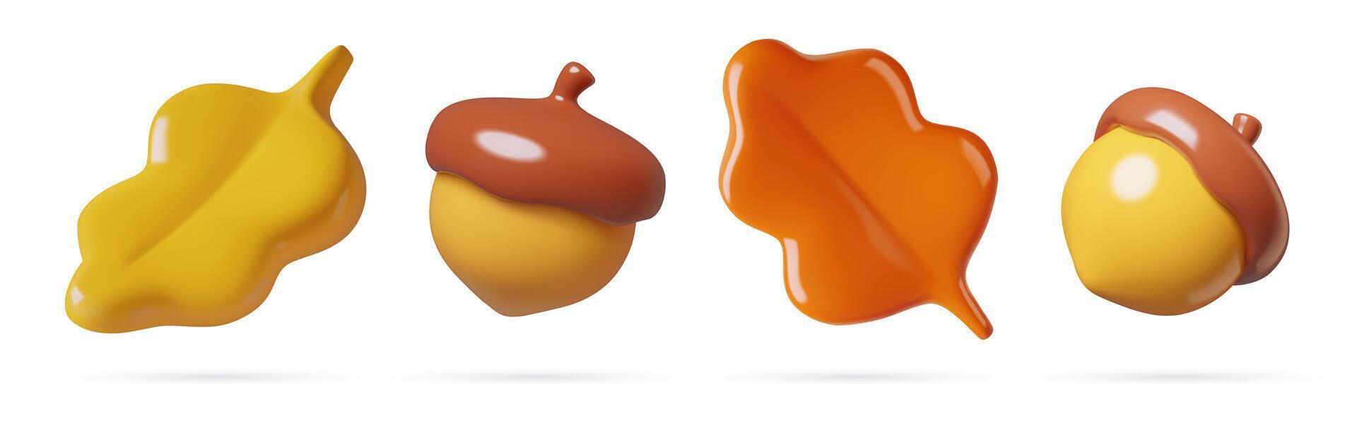 Autumn acorns and oak leaves 3d render design elements set. Cute glossy forest icons vector