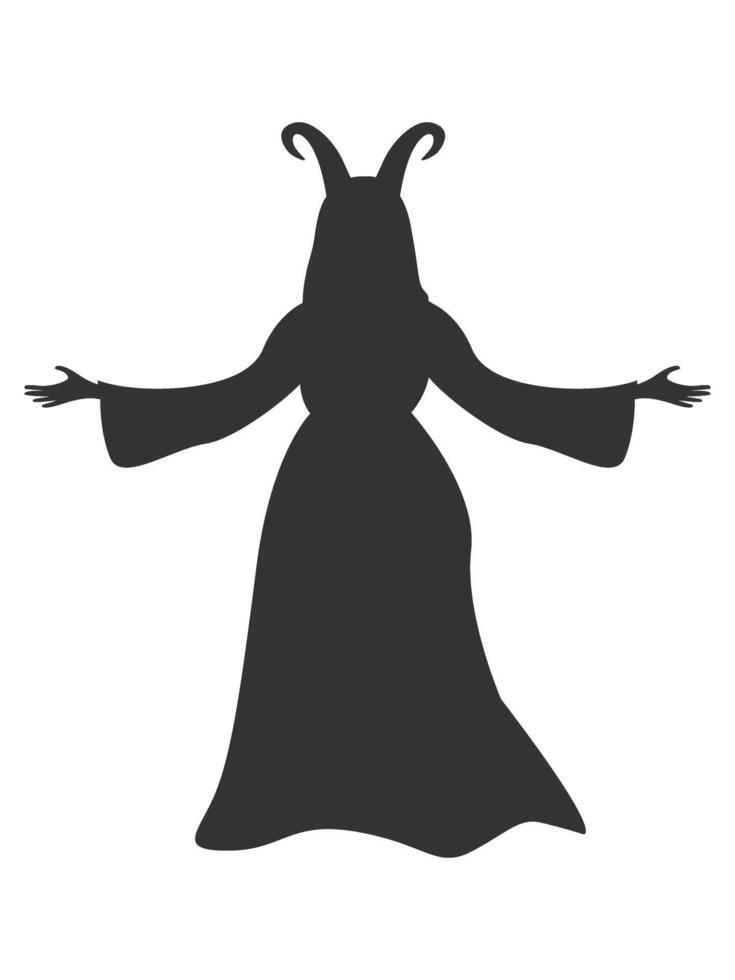 Silhouette of a witch with ram horns in a dress for Halloween decoration. Witches' Sabbath vector