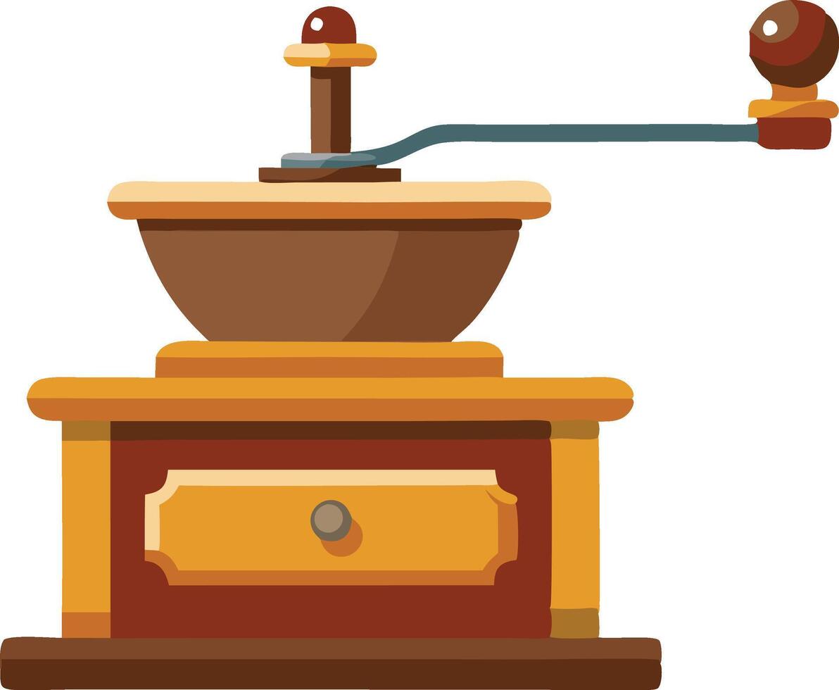 Classic wooden coffee grinder with rotating handle and storage drawer vector