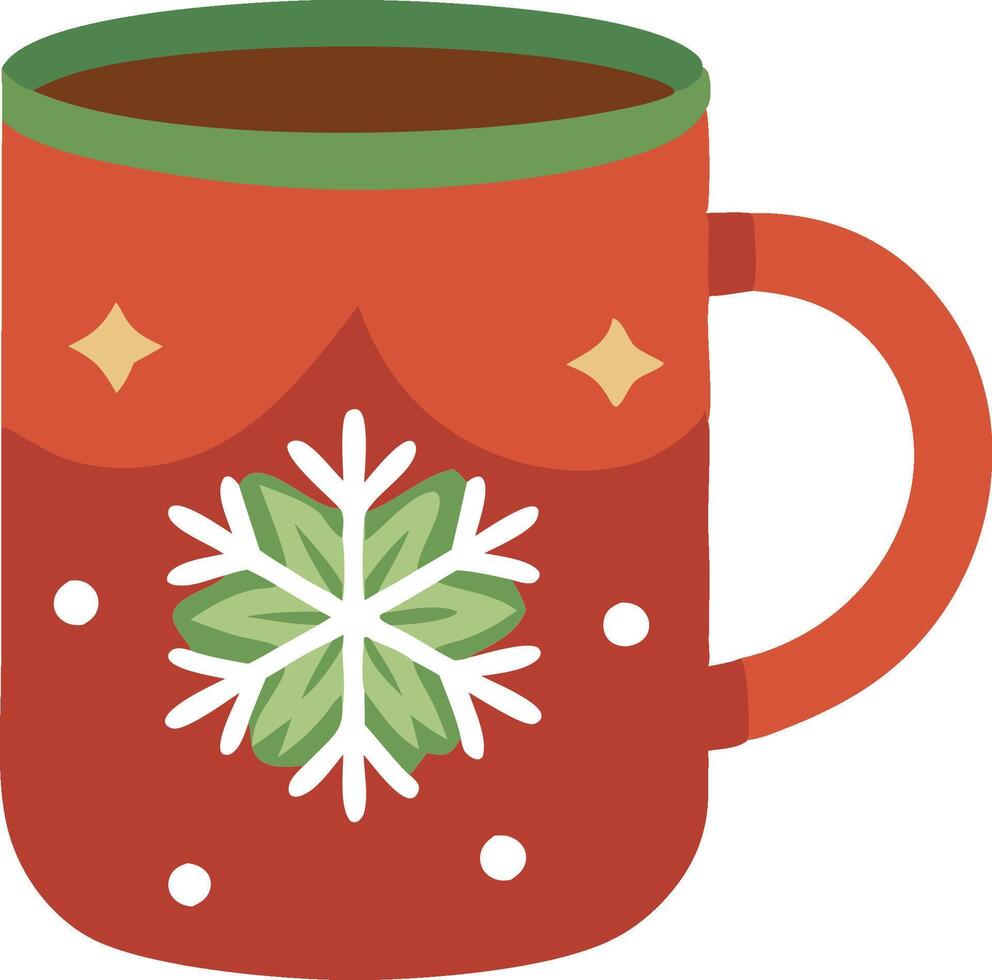 A red mug with a green snowflake design is filled with hot chocolate and ready for a cozy winter evening vector