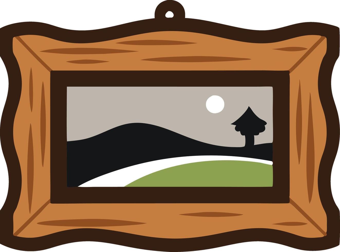 A wood-framed illustration of a landscape scene with a hill, tree, and moon vector