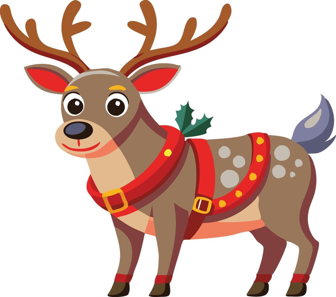 A cartoon reindeer with a red harness and holly on its back vector