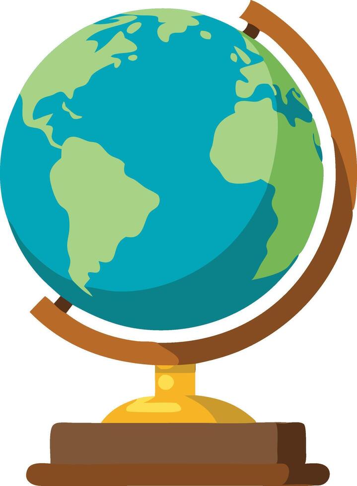 A detailed globe representation on a wooden stand illustrates the Earth's continents and oceans vector