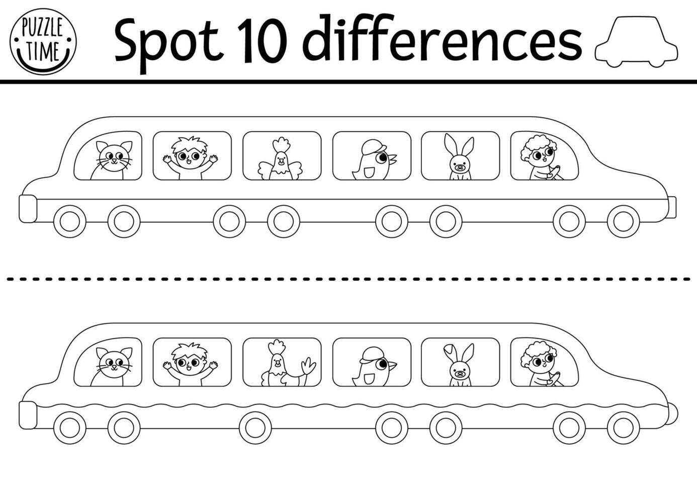 Find differences game for children. Transportation black and white activity with cute limousine, passengers, driver. Coloring page for kids with transport. Printable worksheet with limo vector