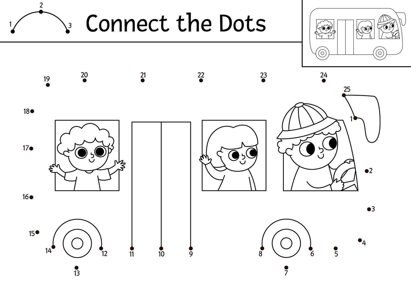 dot-to-dot and color activity with cute bus, driver and passengers. Transportation connect the dots game for children with funny car. Transport coloring page for kids. Printable worksheet vector