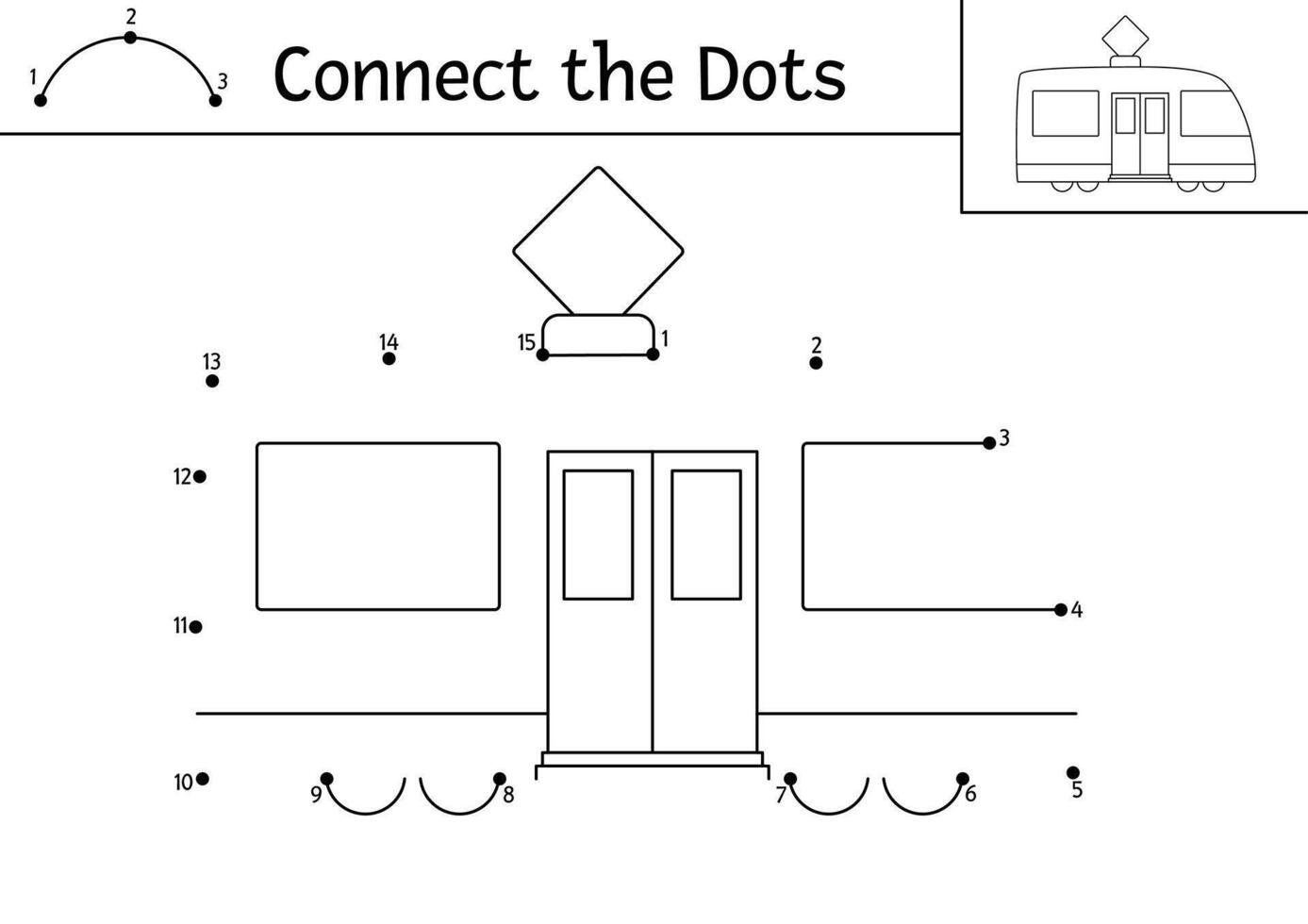 dot-to-dot and color activity with tram. Transportation connect the dots game for children with funny tramway. Transport coloring page for kids. Printable worksheet vector
