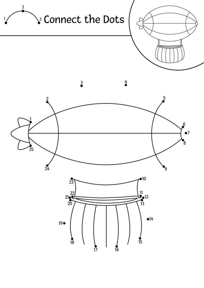 dot-to-dot and color activity with cute zeppelin. Transportation connect the dots game for children with funny airship. Air transport coloring page for kids. Printable worksheet vector