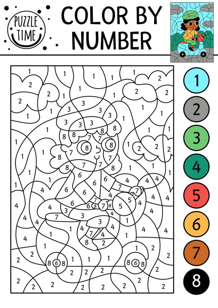 transportation color by number activity with girl on scooter. City transport scene. Black and white counting game with motorscooter. Coloring page for kids with woman riding bike vector