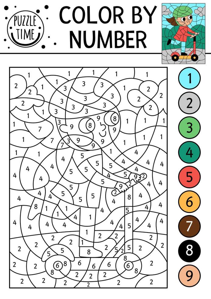 transportation color by number activity with girl on scooter. City transport scene. Black and white counting game with pushscooter. Coloring page for kids with woman riding bike vector