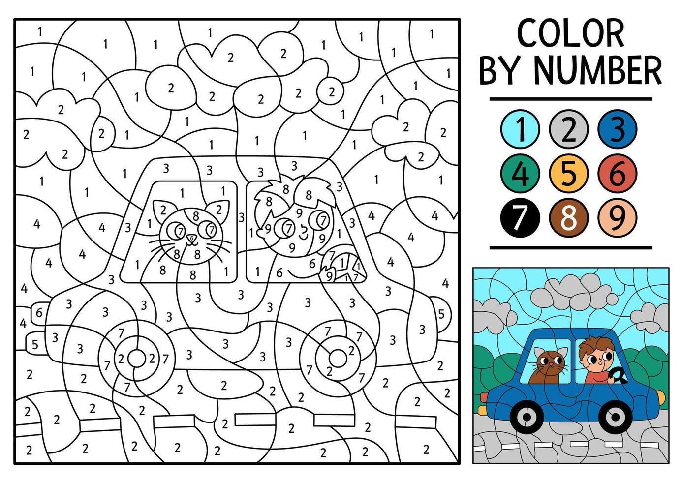 transportation color by number activity with boy driving a car with passenger cat. City transport scene. Black and white counting game with automobile. Coloring page for kids with man driver vector