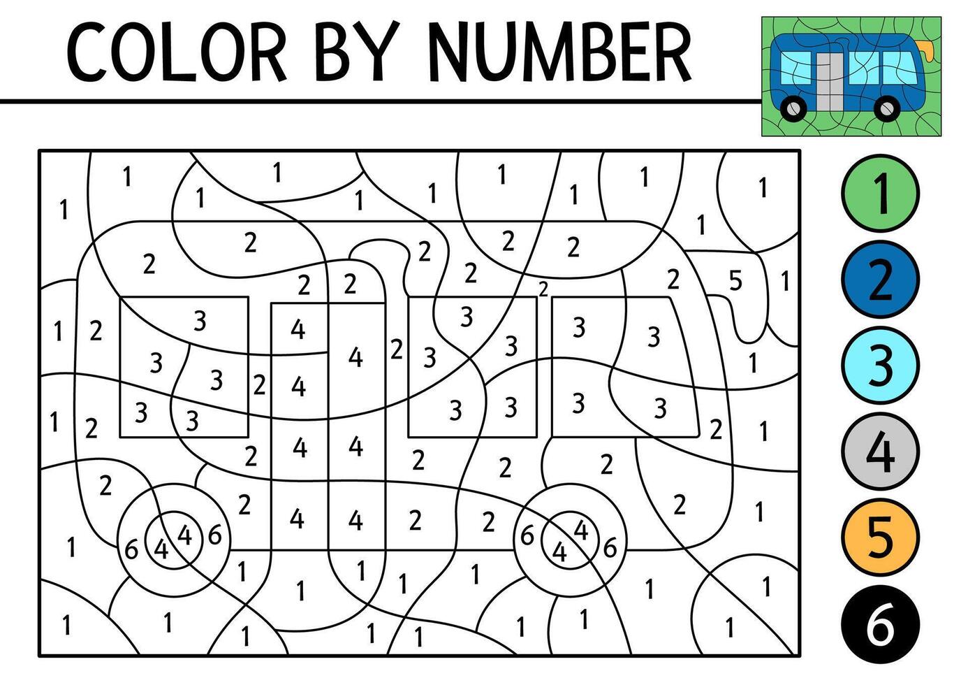 color by number activity with blue bus. City transport scene. Black and white counting game with autobus. Coloring page for kids with public transportation vector
