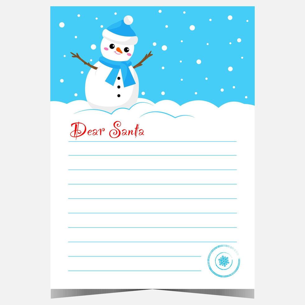 Wish list or Christmas letter to Santa Claus template. Blank postcard design with funny snowman to write a greeting or want list and to send it to the north pole during the winter holidays. vector