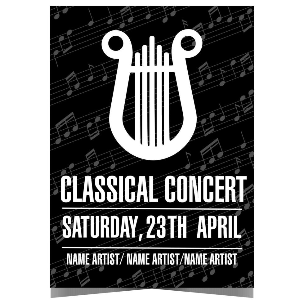 Classical music concert poster or banner with elegant harp on black background of musical notes. Invitation leaflet, flyer or handout for live instrumental event and artistic performance. vector
