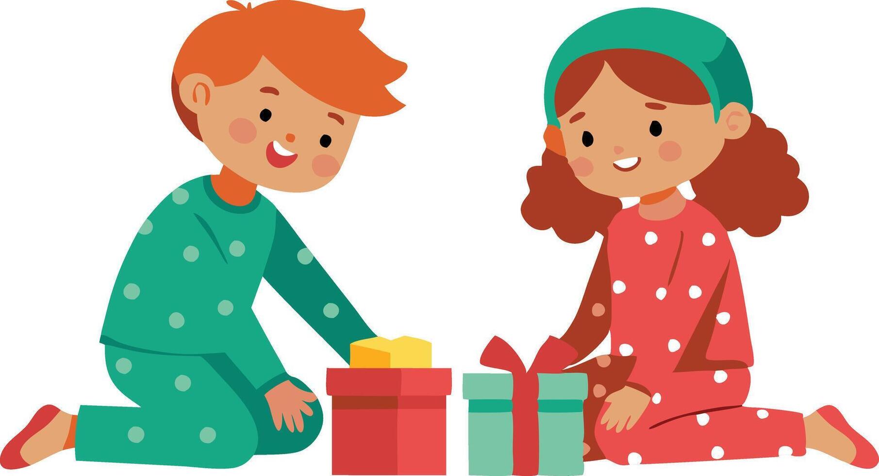 Two children joyfully unwrapping colorful gifts together in cozy pajamas vector