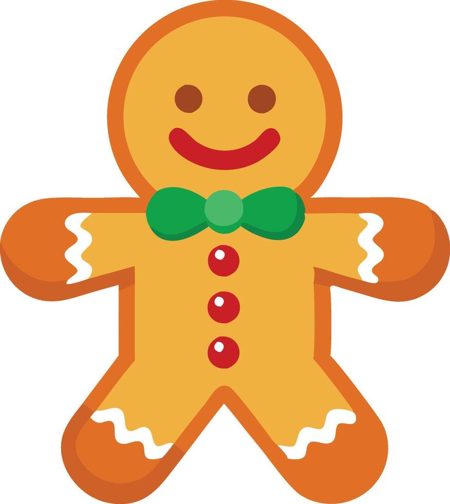 A gingerbread man with a green bow tie and three red buttons smiles cheerfully vector