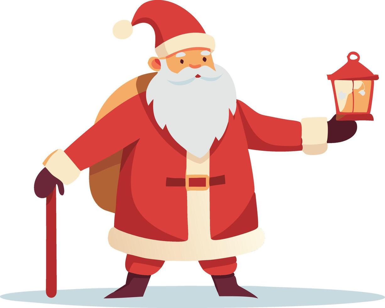 Santa Claus walks with a bag of gifts and a lantern, ready to deliver presents on Christmas Eve vector