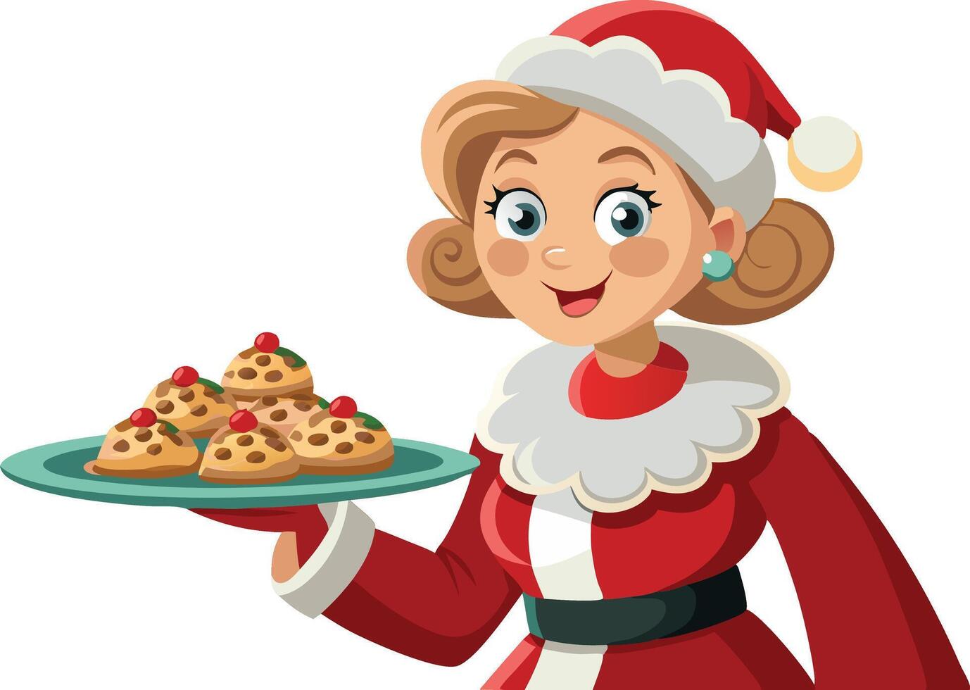 A smiling woman in a Santa Claus costume holds a platter of Christmas cookies vector