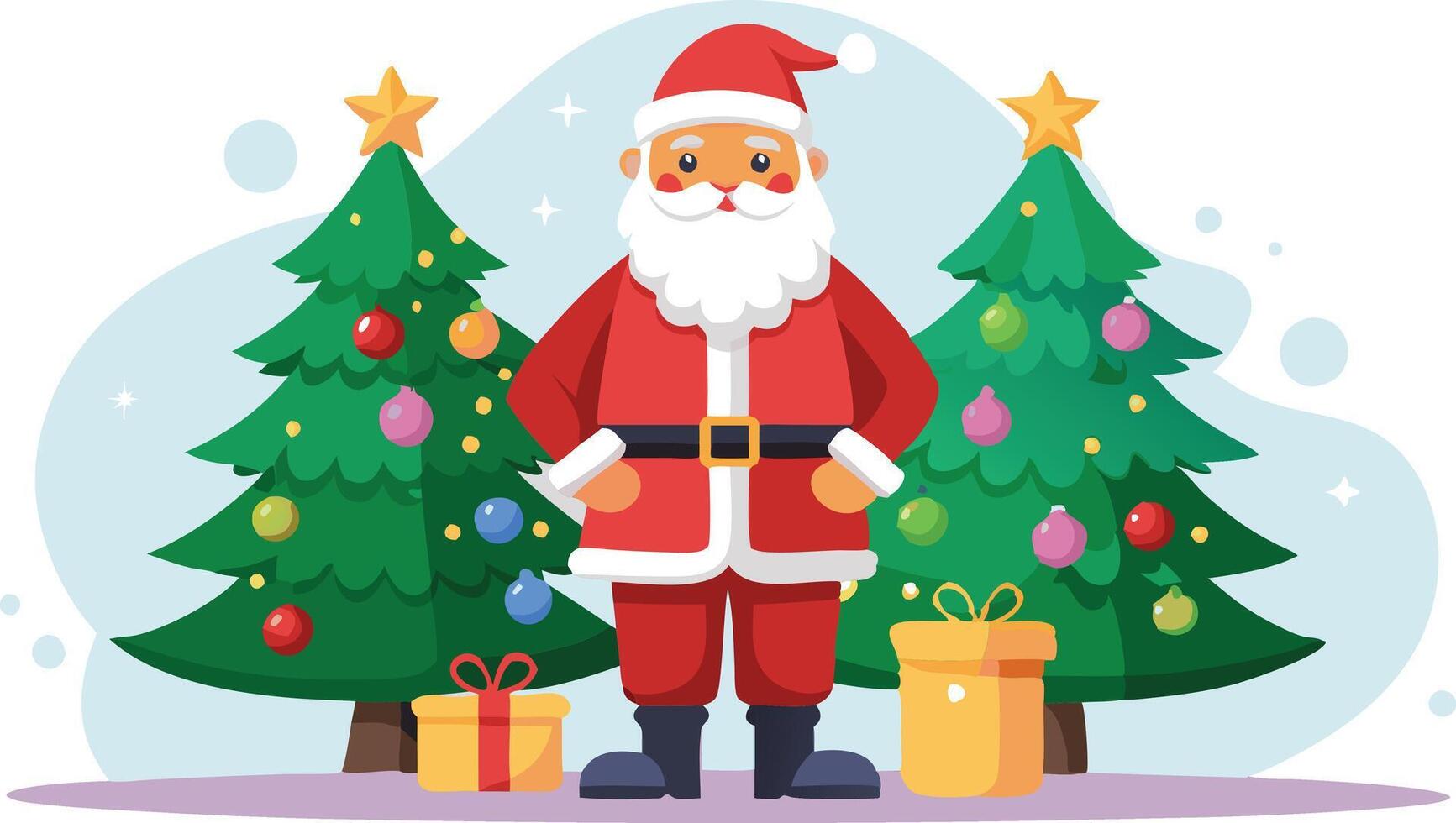 Santa Claus stands between two decorated Christmas trees, ready to deliver presents vector