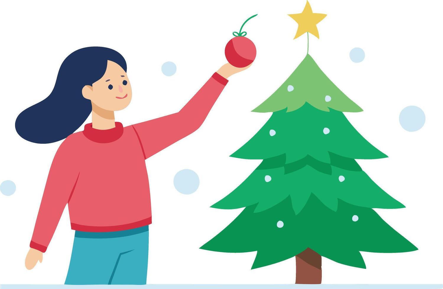 A woman with long dark hair is decorating a Christmas tree with a red ornament vector