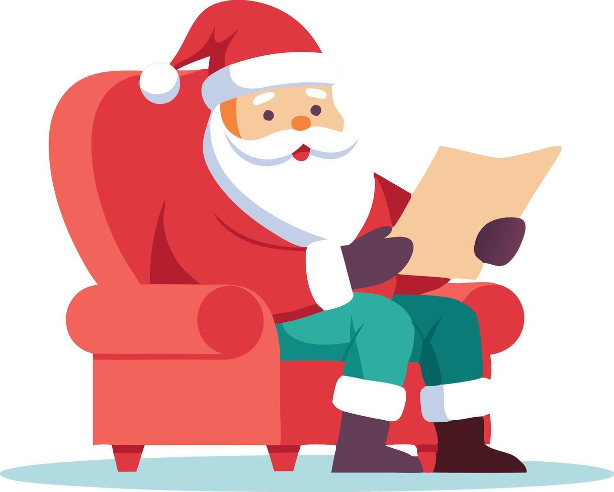 Santa Claus sits in a red armchair, reading a list of names vector