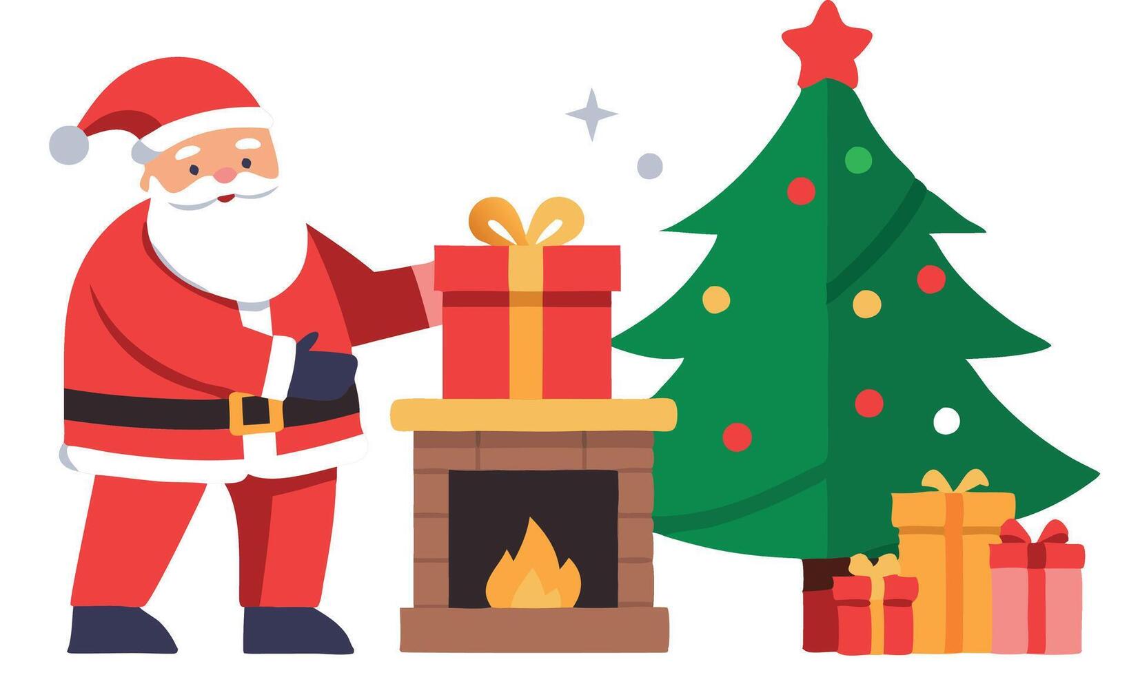 Santa Claus places a gift on the mantle of a fireplace, next to a decorated Christmas tree vector