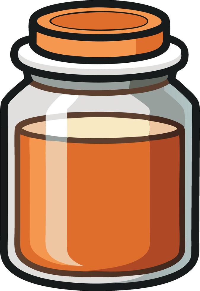 A glass jar with an orange lid contains a liquid vector