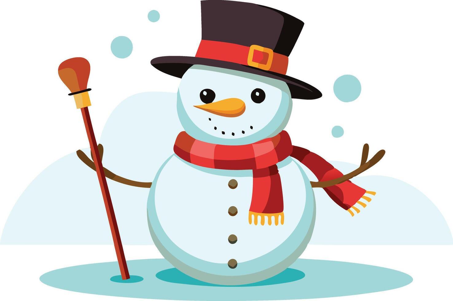 A friendly snowman with a black top hat and red scarf is standing in the snow, holding a stick vector