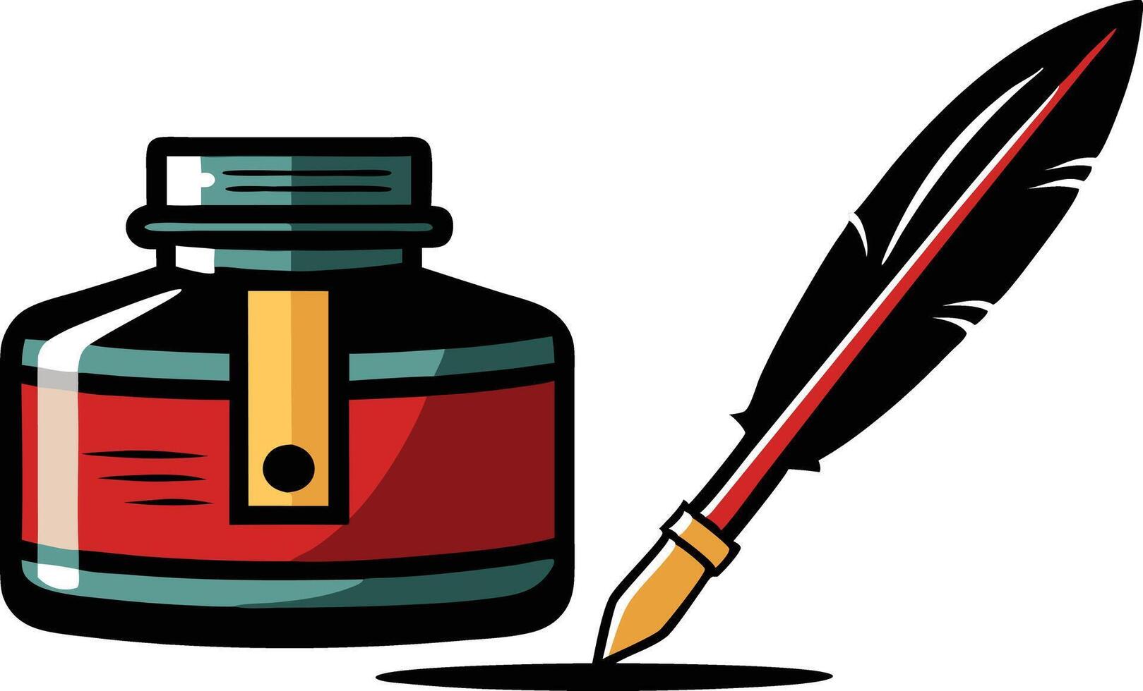 A red inkwell sits next to a quill pen, ready to write a story vector