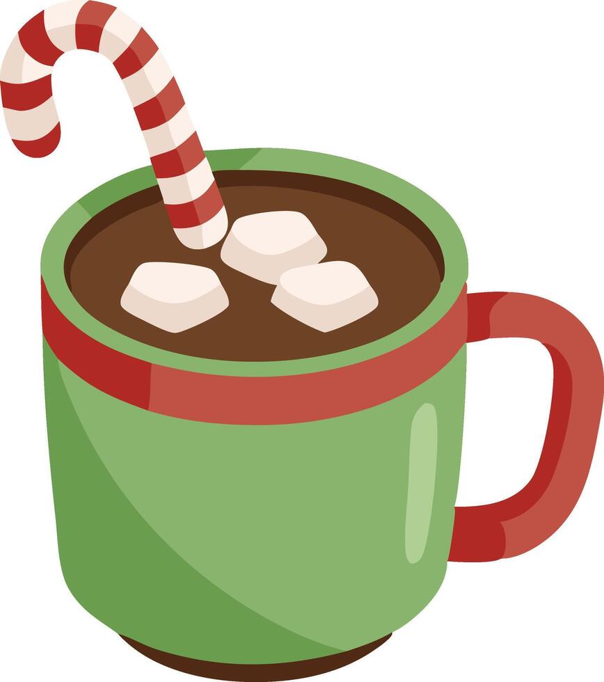 Cozy green mug filled with hot chocolate topped with marshmallows and a peppermint stick vector