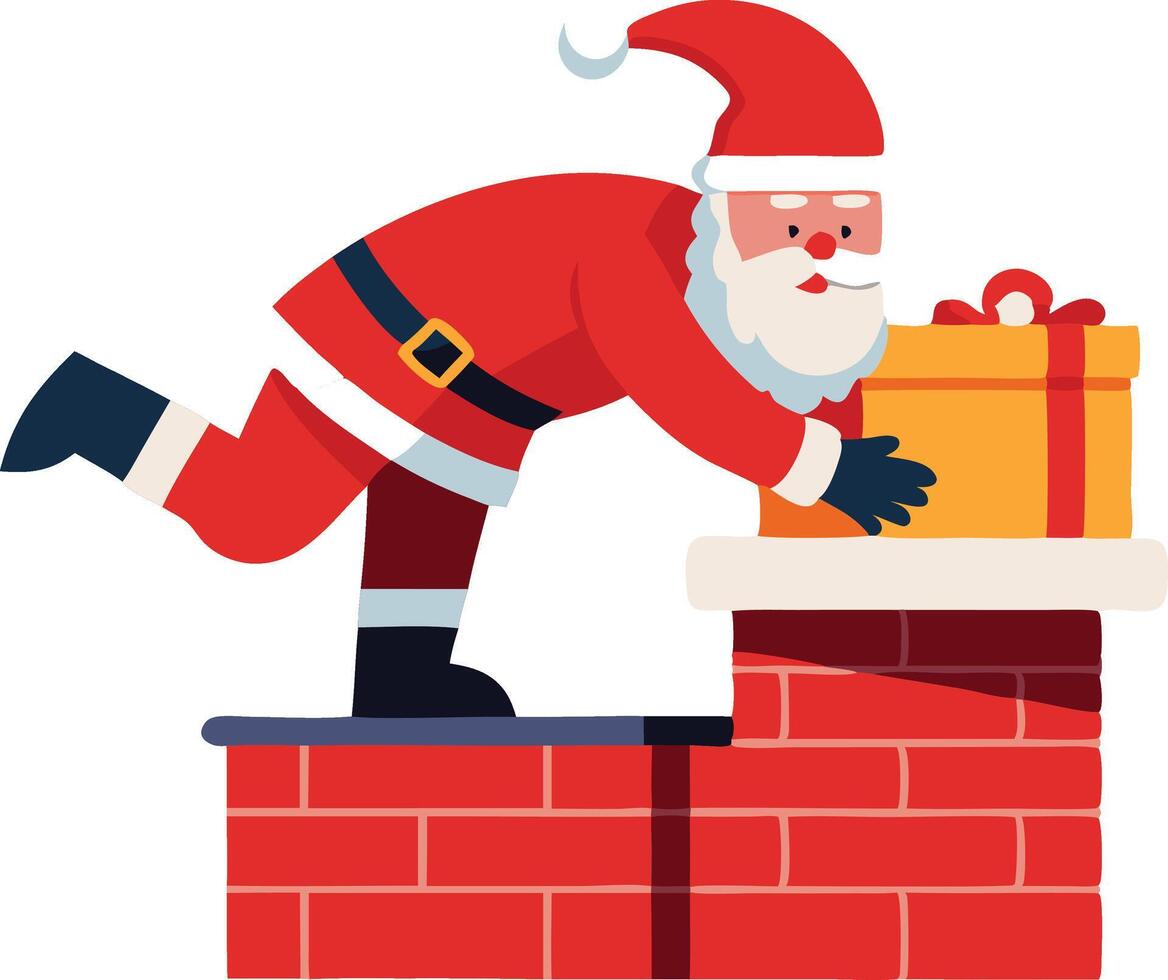 Santa Claus is delivering a gift on Christmas Eve by climbing down a chimney vector
