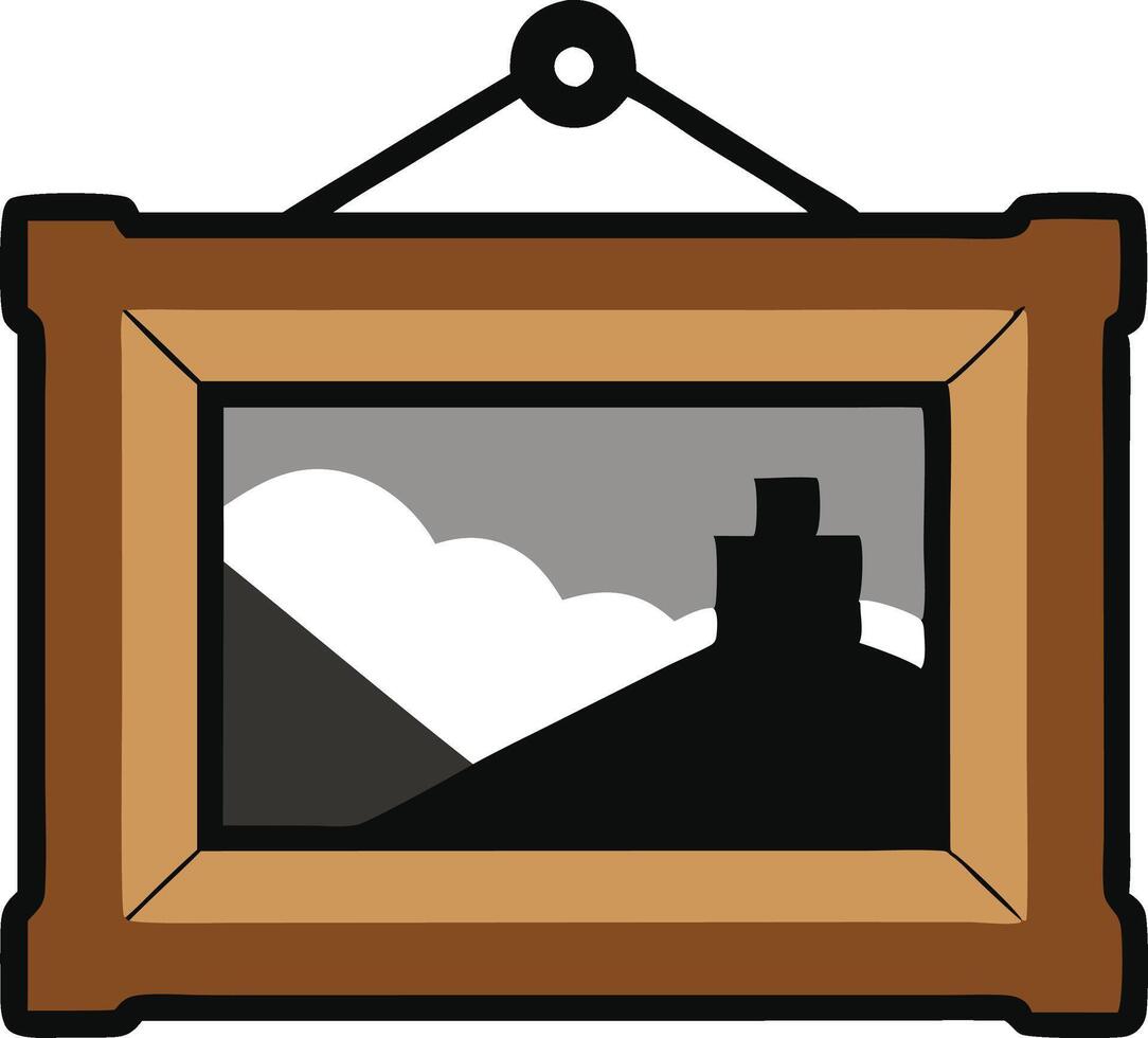 A illustration of a picture frame hanging on a white wall, the picture shows a simple black silhouette of a hill, a chimney, and a cloud vector