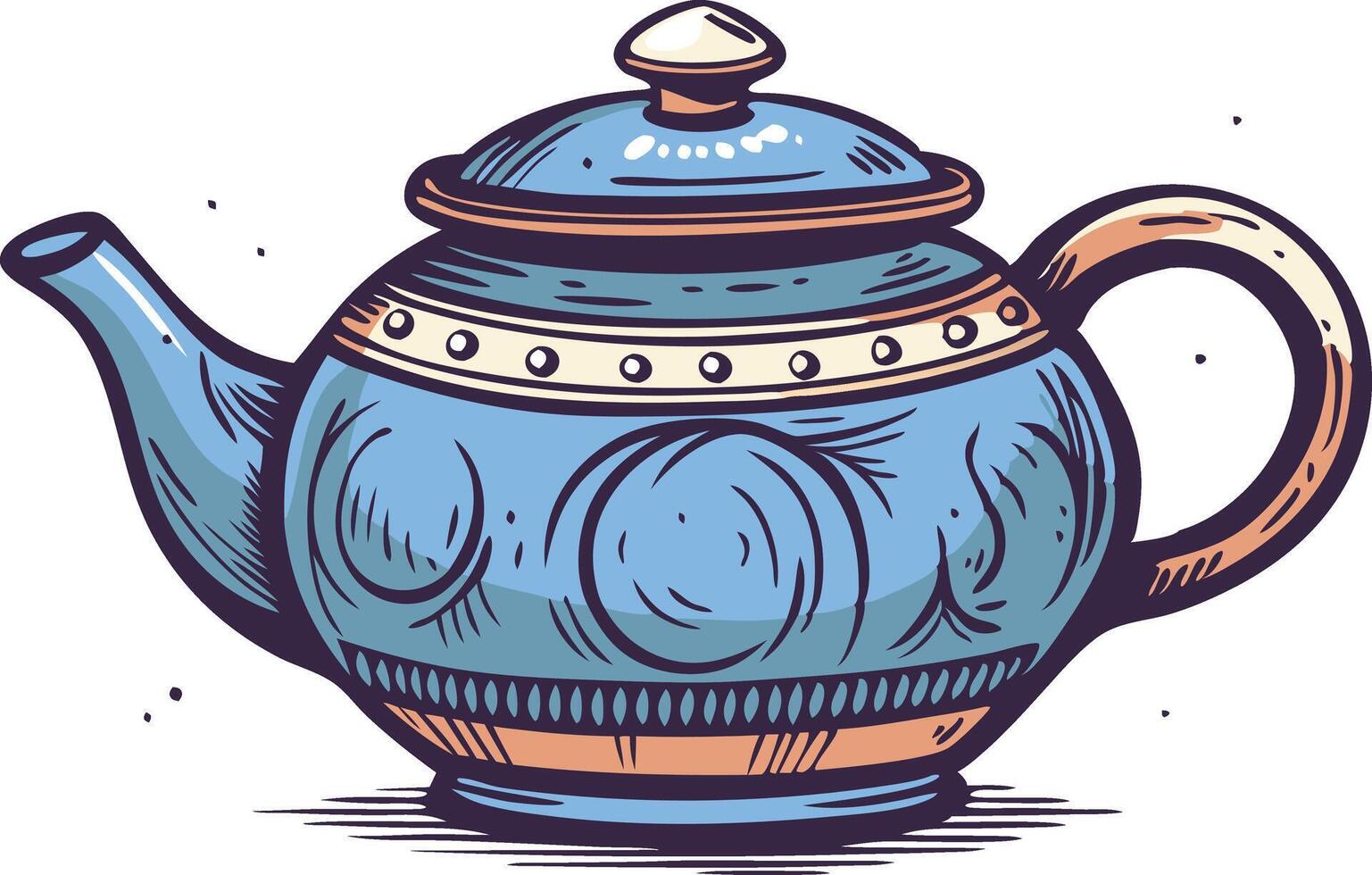 A blue teapot with a golden trim and a knobbed vector