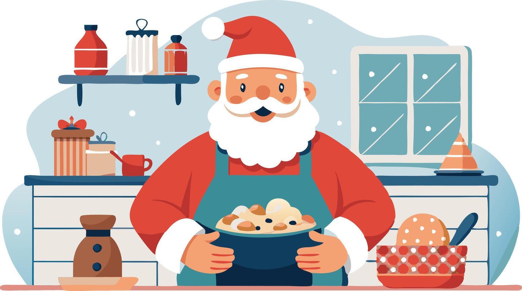 Santa Claus is in the kitchen, wearing a red suit and an apron, and holding a pot of Christmas pudding vector