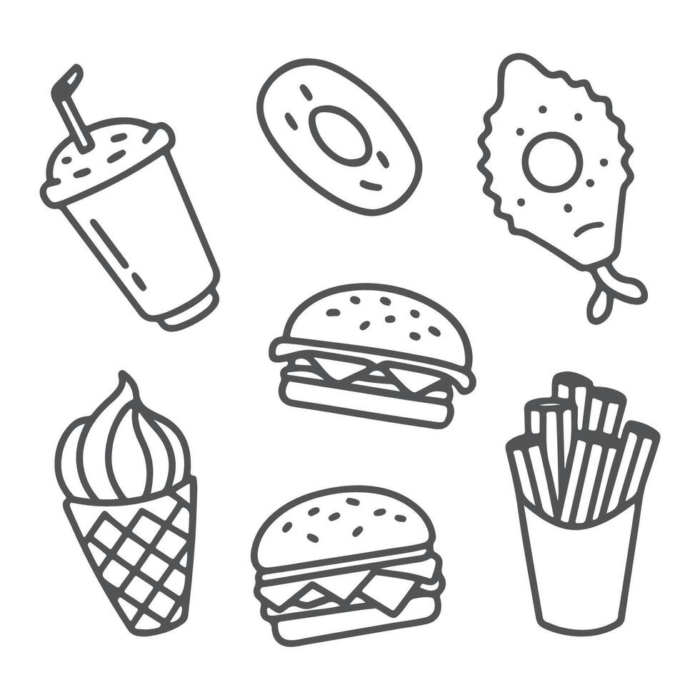 Fast food icons set, line art style vector